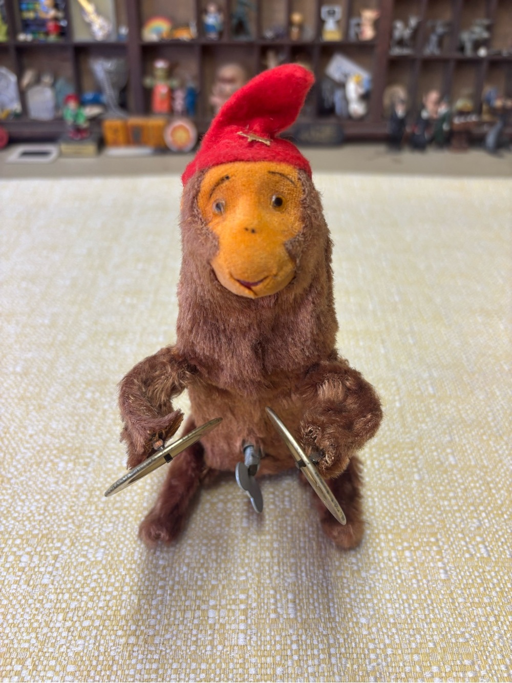 Vintage alps 1950s Plush Monkey Toy with Red Hat - Wind-Up Cymbal Player